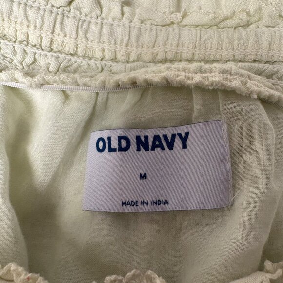 Old Navy Cream Embroidered Babydoll Dress Womens Sz Medium Puff Sleeves Peasant - Picture 6 of 9